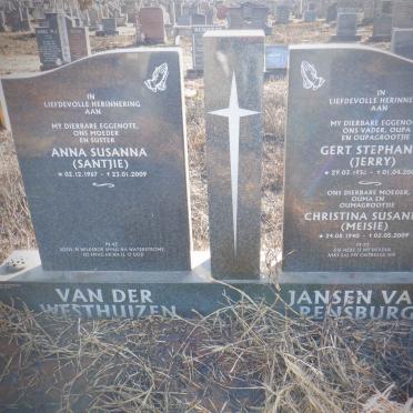 RENSBURG Gert Stephanus, Jansen van 1936-2000 &amp; Christina Susanna 1940-2009 :: VAN DER WESTHUIZEN Anna Susanna 1967-2009