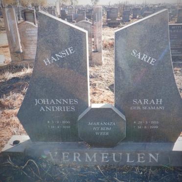 VERMEULEN Johannes Andries 1930-2010 &amp; Sarah SEAMAN 1933-1999