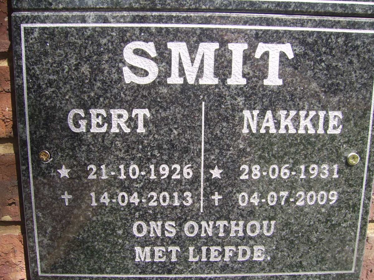 SMIT Gert 1926-2013 &amp; Nakkie 1931-2009