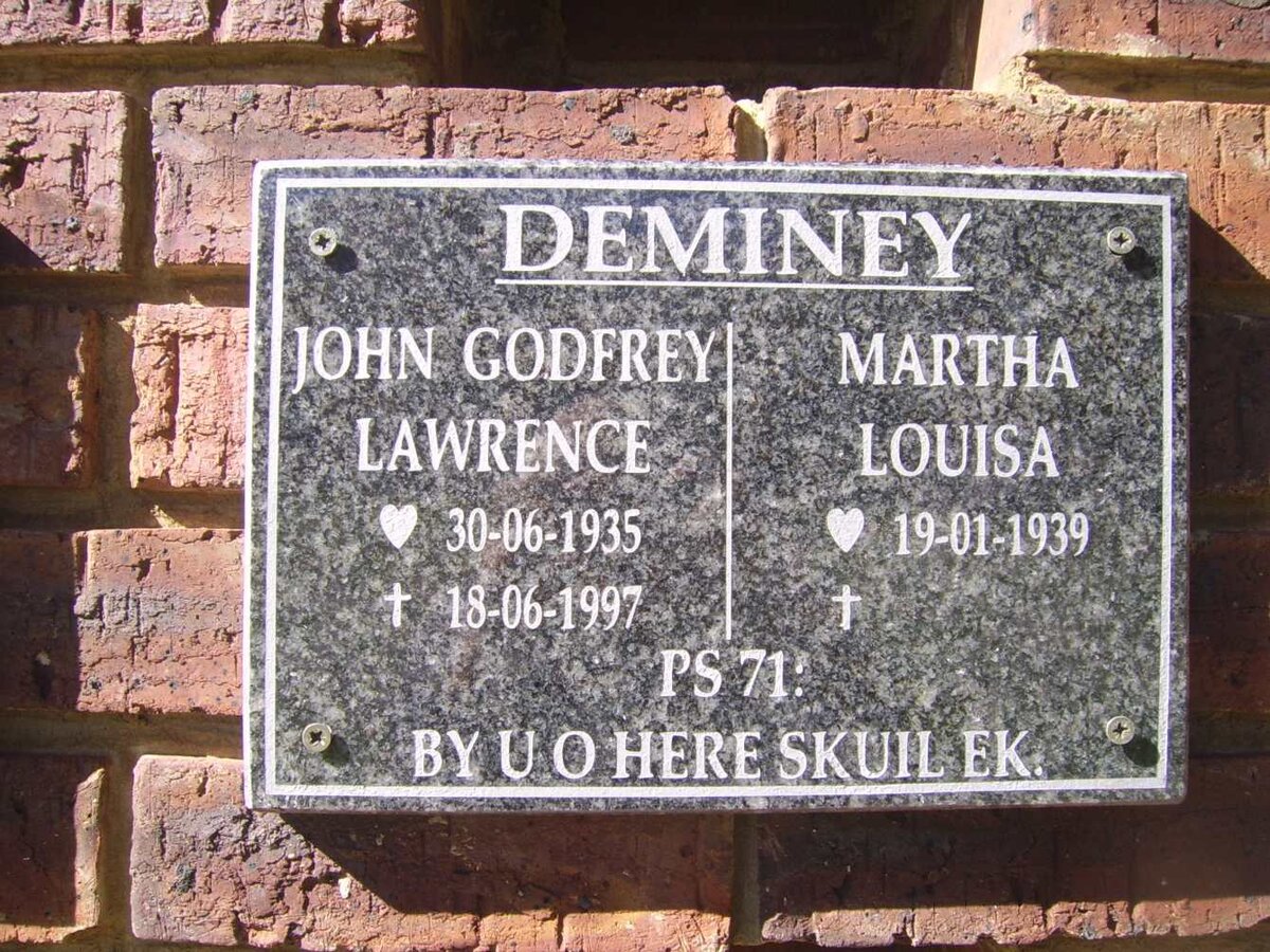 DEMINEY John Godfrey Lawrence 1935-1997 &amp; Martha Louisa 1939-