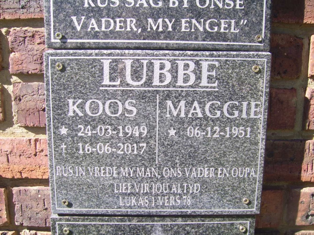 LUBBE Koos 1949-2017 &amp; Maggie 1951-