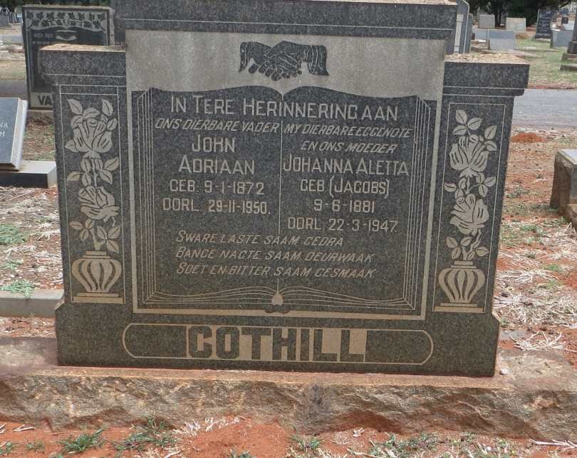 COTHILL John Adriaan 1872-1950 &amp; Johanna Aletta JACOBS 1881-1947