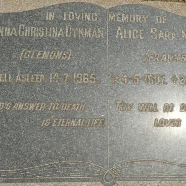 DYKMAN Anna Christina nee CLEMONS -1965 :: MILLER Alice Sara nee FRANKS 1907-1968