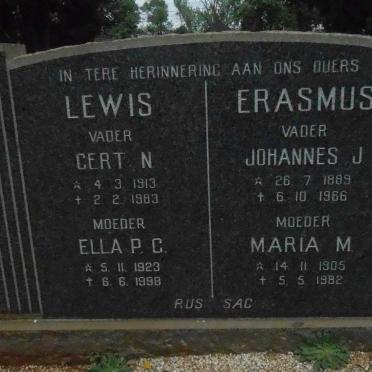 ERASMUS Johannes J. 1889-1966 &amp; Maria M. 1905-1982 :: LEWIS Gert N. 1913-1983 &amp; Ella P.G. 1923-1998