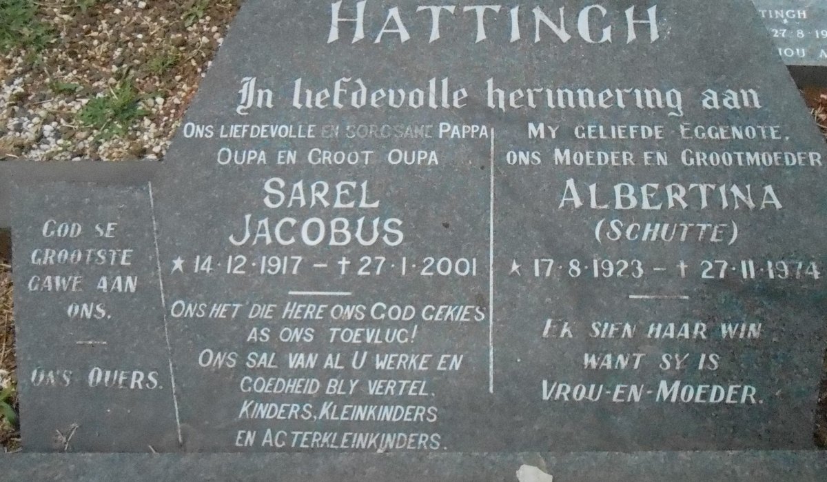 HATTINGH Sarel Jacobus 1917-2001 &amp; Albertina SCHUTTE 1923-1974
