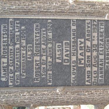 HARRISON Hannah Elizabeth -1951 :: ROBERTSON Janet -1906 :: ROBERTSON Robert -1920 :: ROBERTSON David -1927