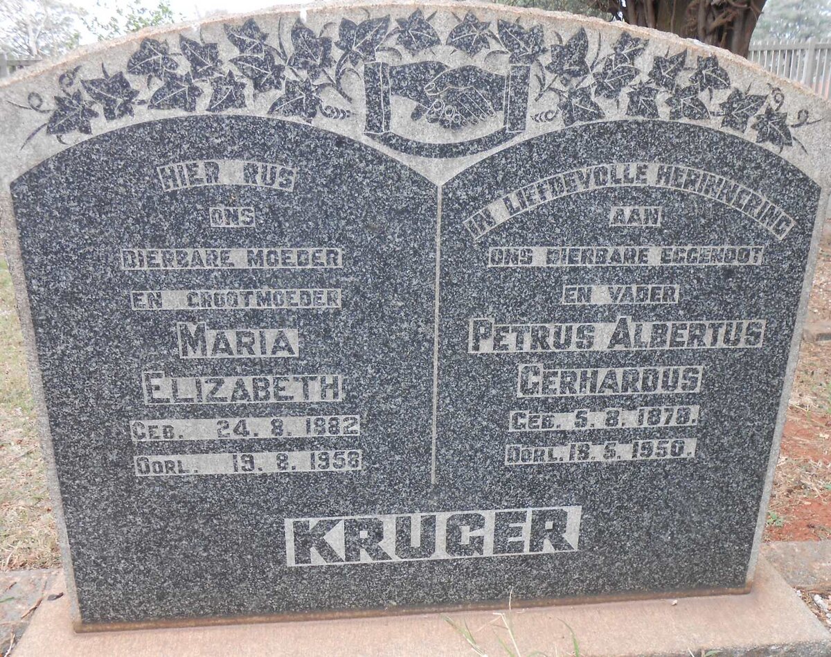 KRUGER Petrus Albertus Gerhardus 1878-1950 &amp; Maria Elizabeth 1882-1958