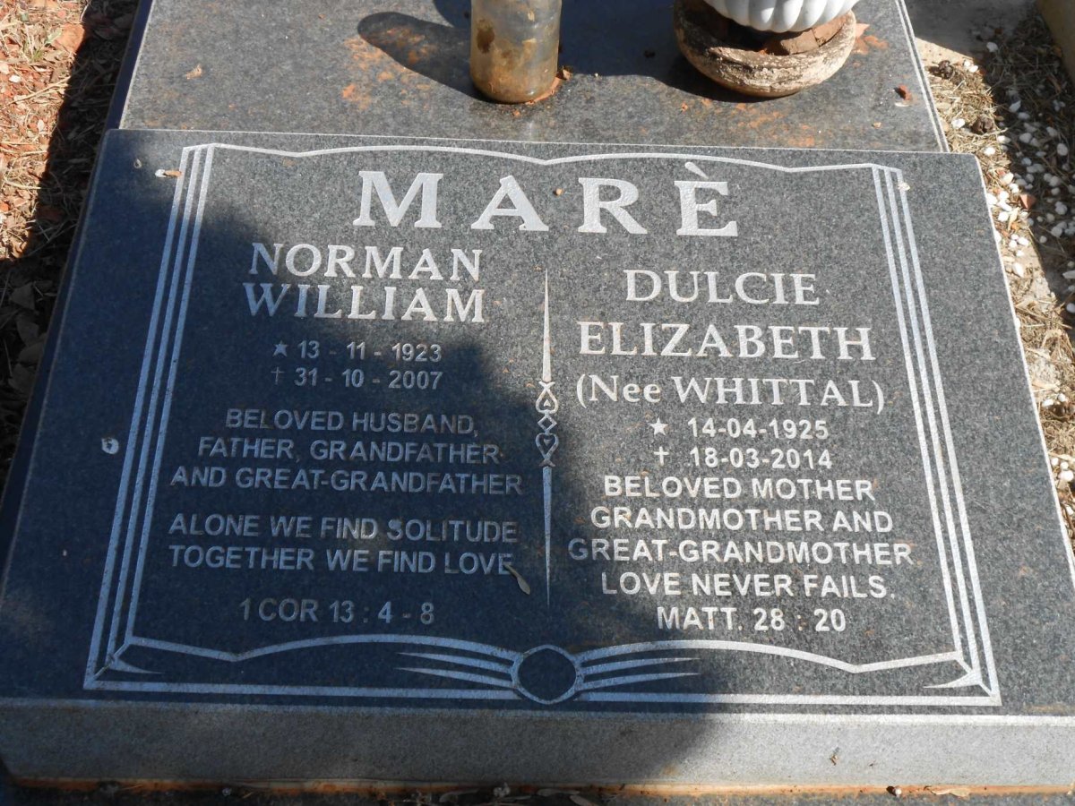 MARÈ Norman William 1923-2007 &amp; Dulcie Elizabeth WHITTAL 1925-2014
