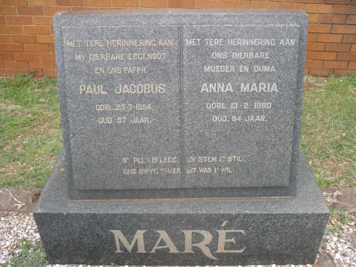 MARÉ Paul Jacobus -1954 &amp; Anna Maria -1990