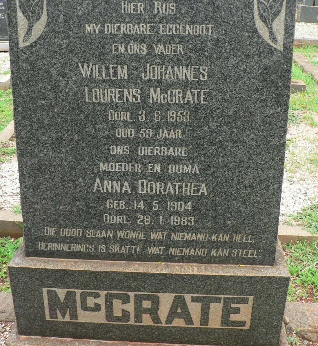 McCRATE Willem Johannes Lourens -1953 :: McCRATE Anna Dorathea 1904-1983