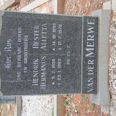 MERWE Hendrik Hermanus, van der 1895-1963 &amp; Hester Alletta 1899-1978