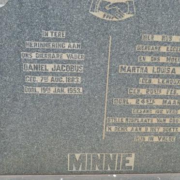 MINNIE Daniel Jacobus 1883-1953 &amp; Martha Louise LE ROUX 1891-1945