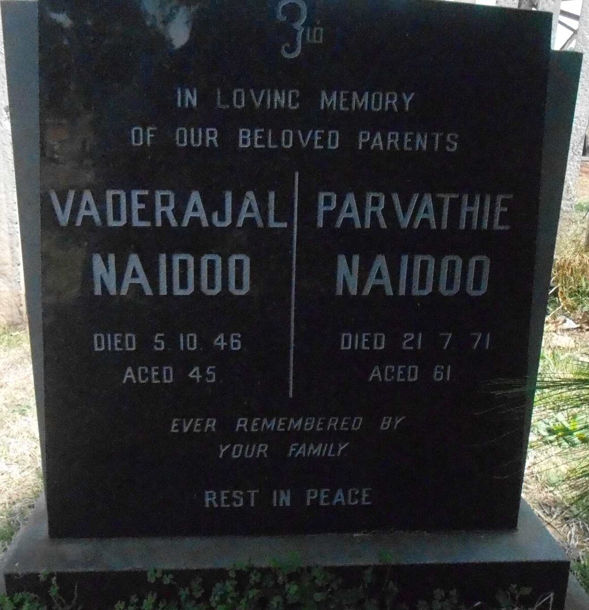 NAIDOO Vaderajal -1946 &amp; Parvathie -1971