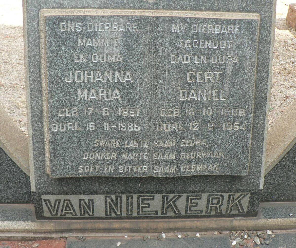 NIEKERK Gert Daniel, van 188?-1954 &amp; Johanna Maria 1891-1985