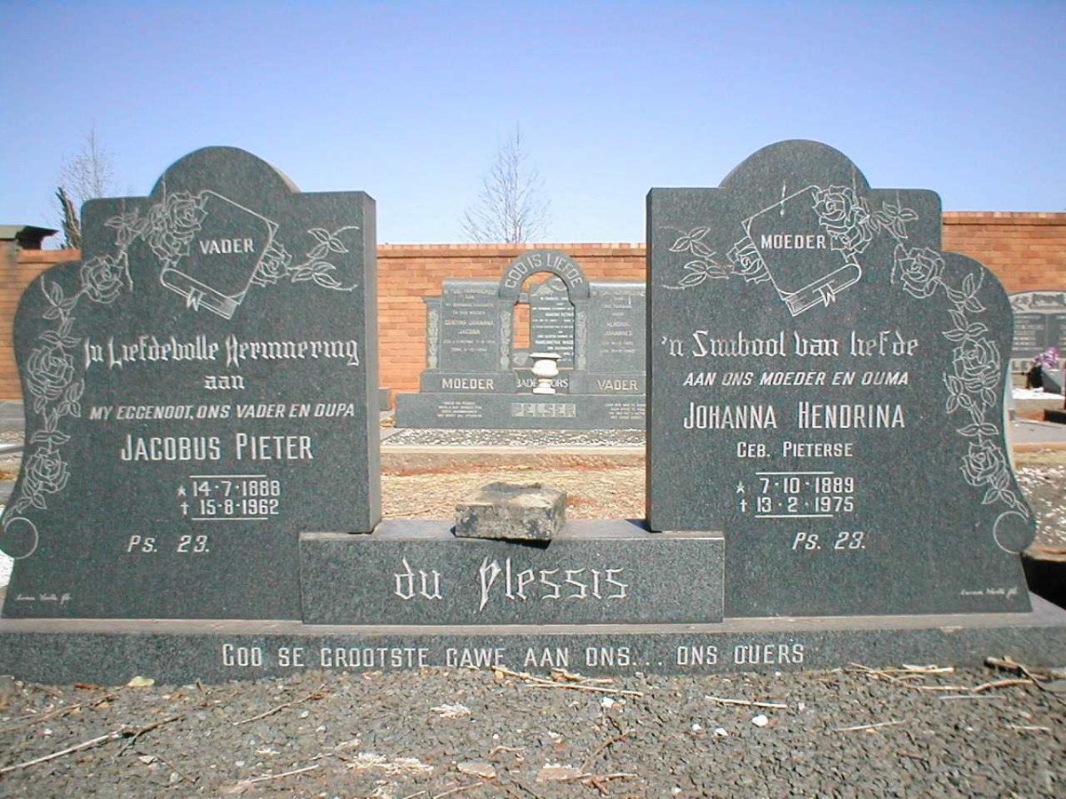 PLESSIS Jacobus Pieter, du 1888-1962 &amp; Johanna Hendrina PIETERSE 1889-1975