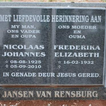 RENSBURG Nicolaas Johannes, Jansen van 1925-2010 &amp; Frederika Elizabeth 1932-