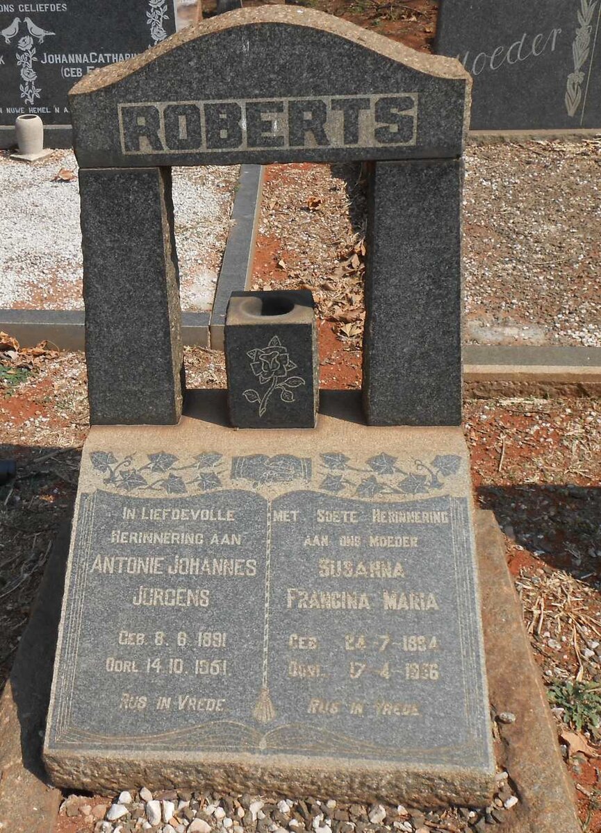 ROBERTS Antonie Johannes Jurgens 1891-1951 &amp; Susanna Francina Maria 1894-1956