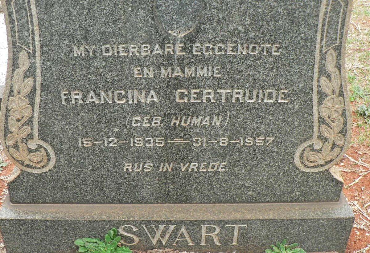 SWART Francina Gertruide nee HUMAN 1935-1957