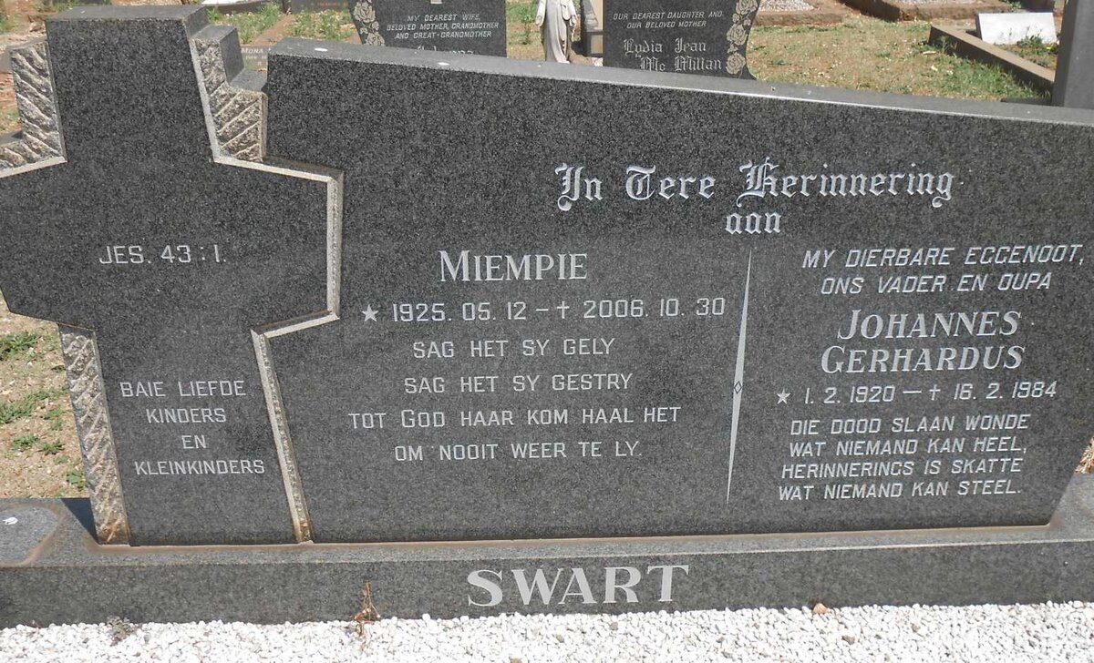 SWART Johannes Gerhardus 1920-1984 &amp; Miempie 1925-2006
