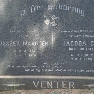 VENTER Jasper Maarten 1887-1970 &amp; Jacoba C.F. COETSEE 1892-1962