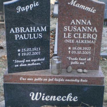 WIENECKE Abraham Paulus 1923-2007 &amp; Anna Susanna Le Clerq ALKEMA 1927-2005