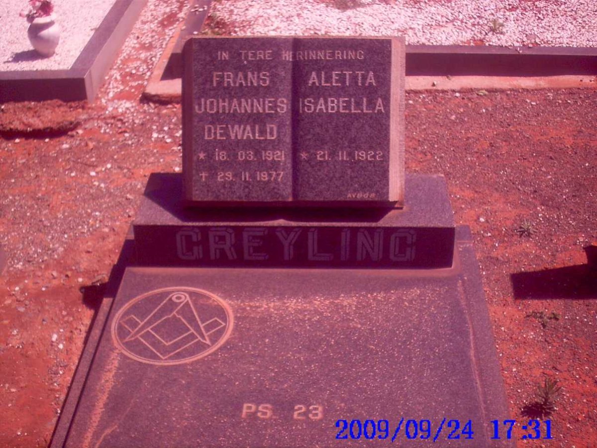 GREYLING Frans Johannes Dewald 1921-1977 &amp; Aletta Isabella 1922-