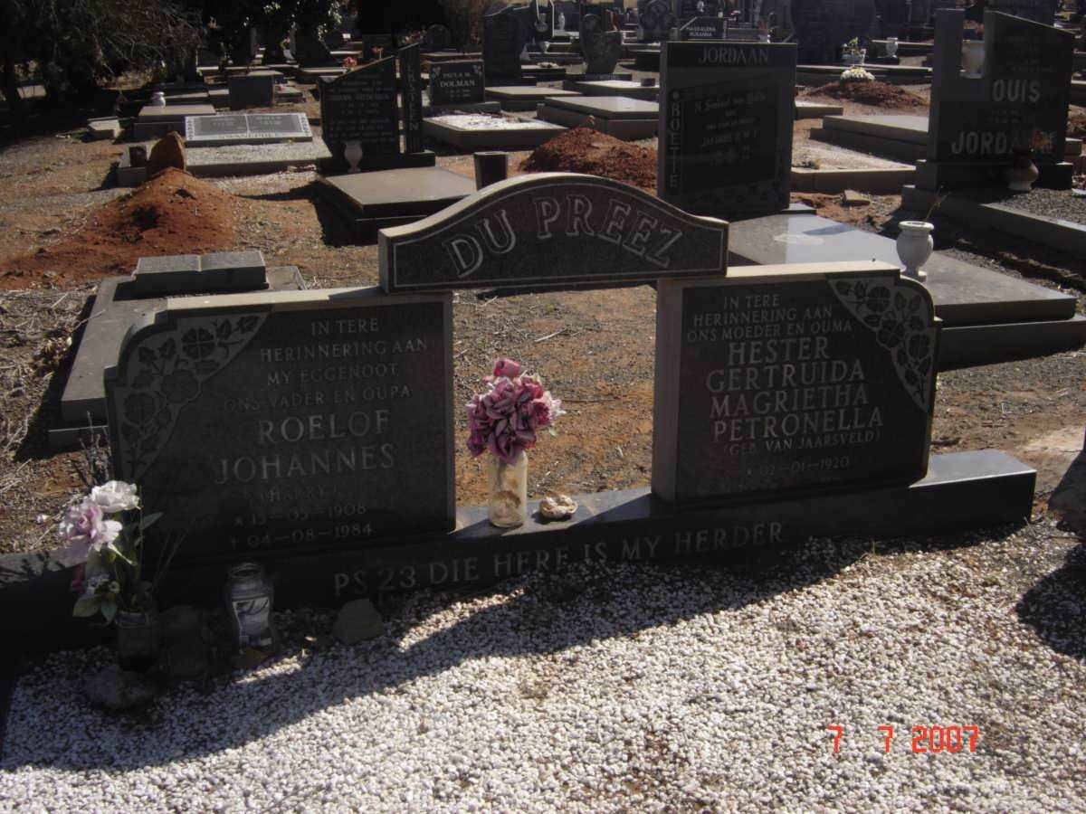 PREEZ Roelof Johannes, du 1908-1984 &amp; Hester Gertruida Magrietha Petronella VAN JAARSVELD  1920-