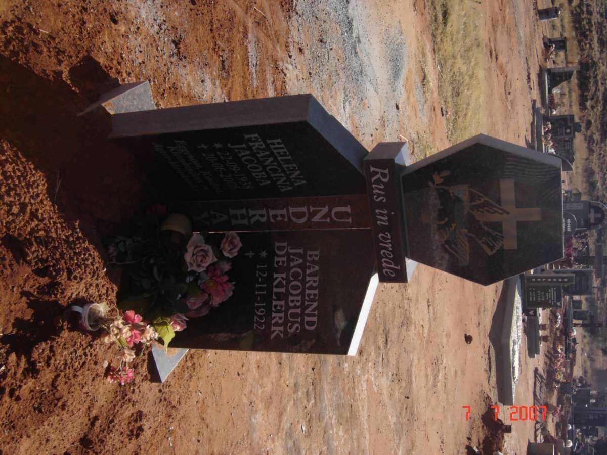UNDERHAY Barend Jacobus de Klerk 1922- &amp; Helena Francina Jacoba 1938-2005
