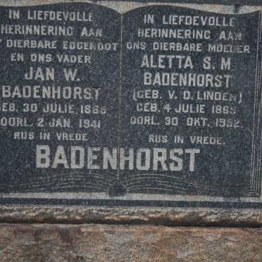 BADENHORST Jan W. 1865-1941 &amp; Aletta S.M. V.D. LINDEN 1869-1952