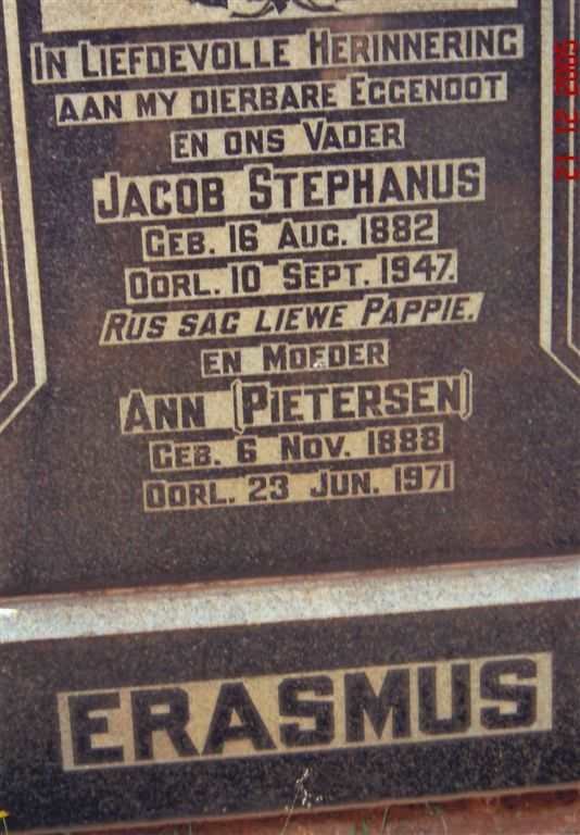 ERASMUS Jacob Stephanus 1882-1947 &amp; Ann PIETERSEN 1888-1971