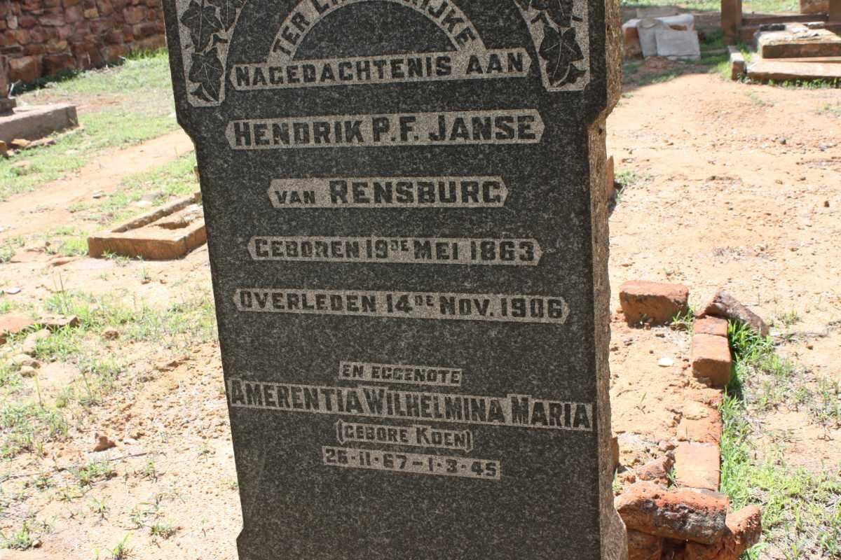 RENSBURG Hendrik P.F., Janse van 1863-1906 &amp; Amerentia Wilhelmina Maria KOEN 1867-1945