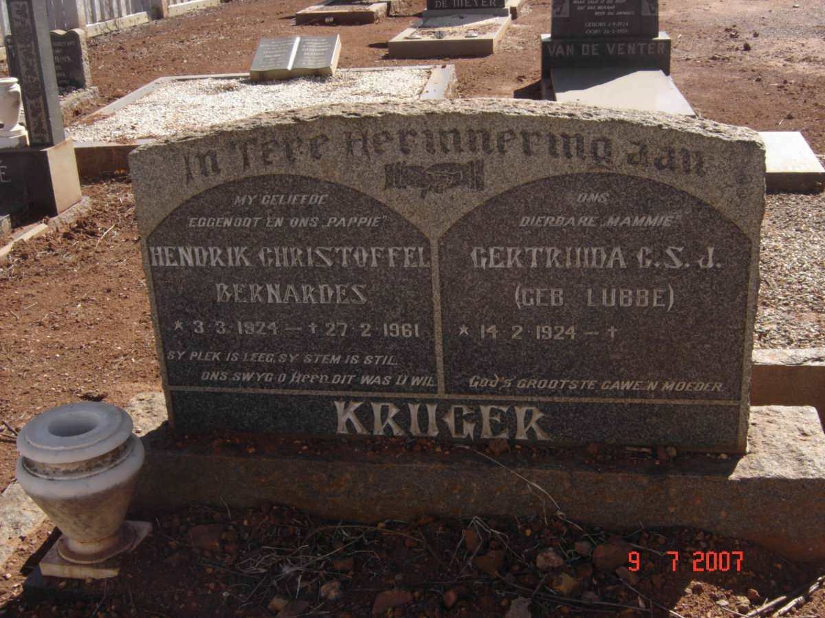 KRUGER Hendrik Christoffel Bernardes 1924-1961 &amp; Gertruida G.S.J. LUBBE 1924-
