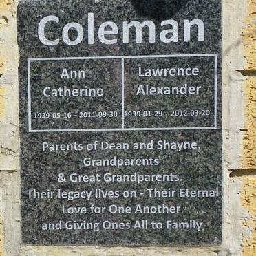COLEMAN Lawrence Alexander 1939-2012 &amp; Ann Catherine 1939-2011