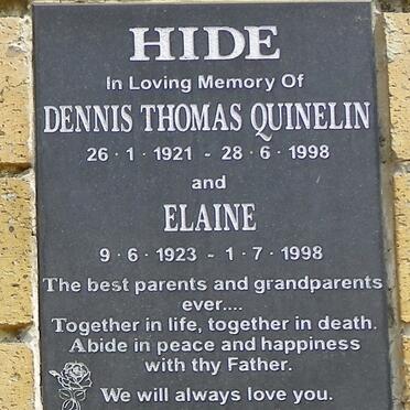 HIDE Dennis Thomas Quinelin 1921-1998 &amp; Elaine 1923-1998