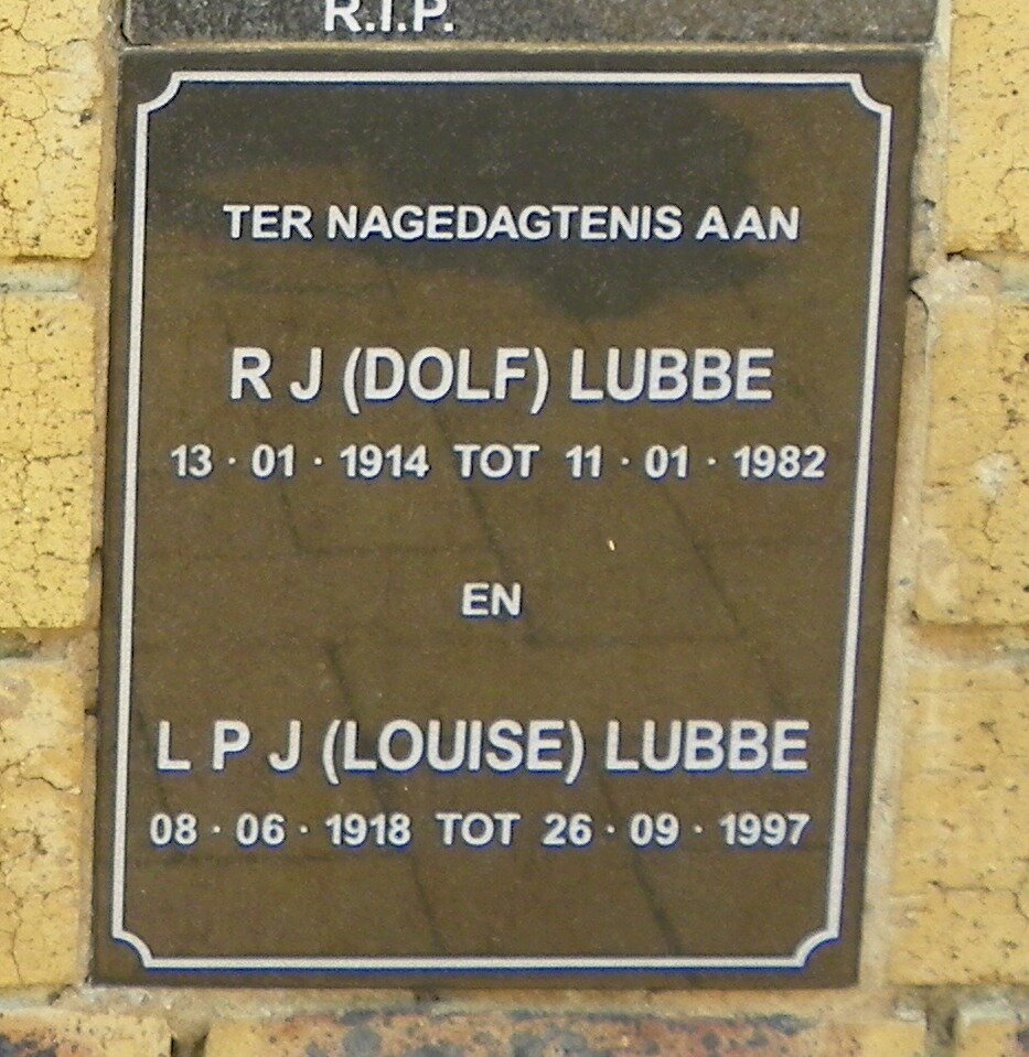 LUBBE R.J. 1914-1982 &amp; L.P.J. 1918-1997