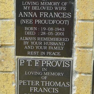 PROVIS Peter Thomas Francis 1941-2009 &amp; Anna Frances PROUDFOOT 1943-2001