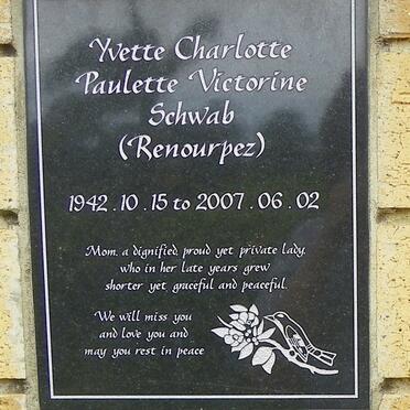 SCHWAB Yvette Charlotte Paulette Victorine nee RENOURPEZ 1942-2007