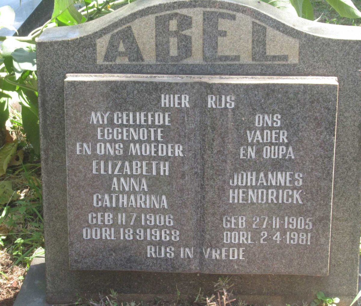 ABEL Johannes Hendrick 1905-1981 &amp; Elizabeth Anna Catharina 1906-1968