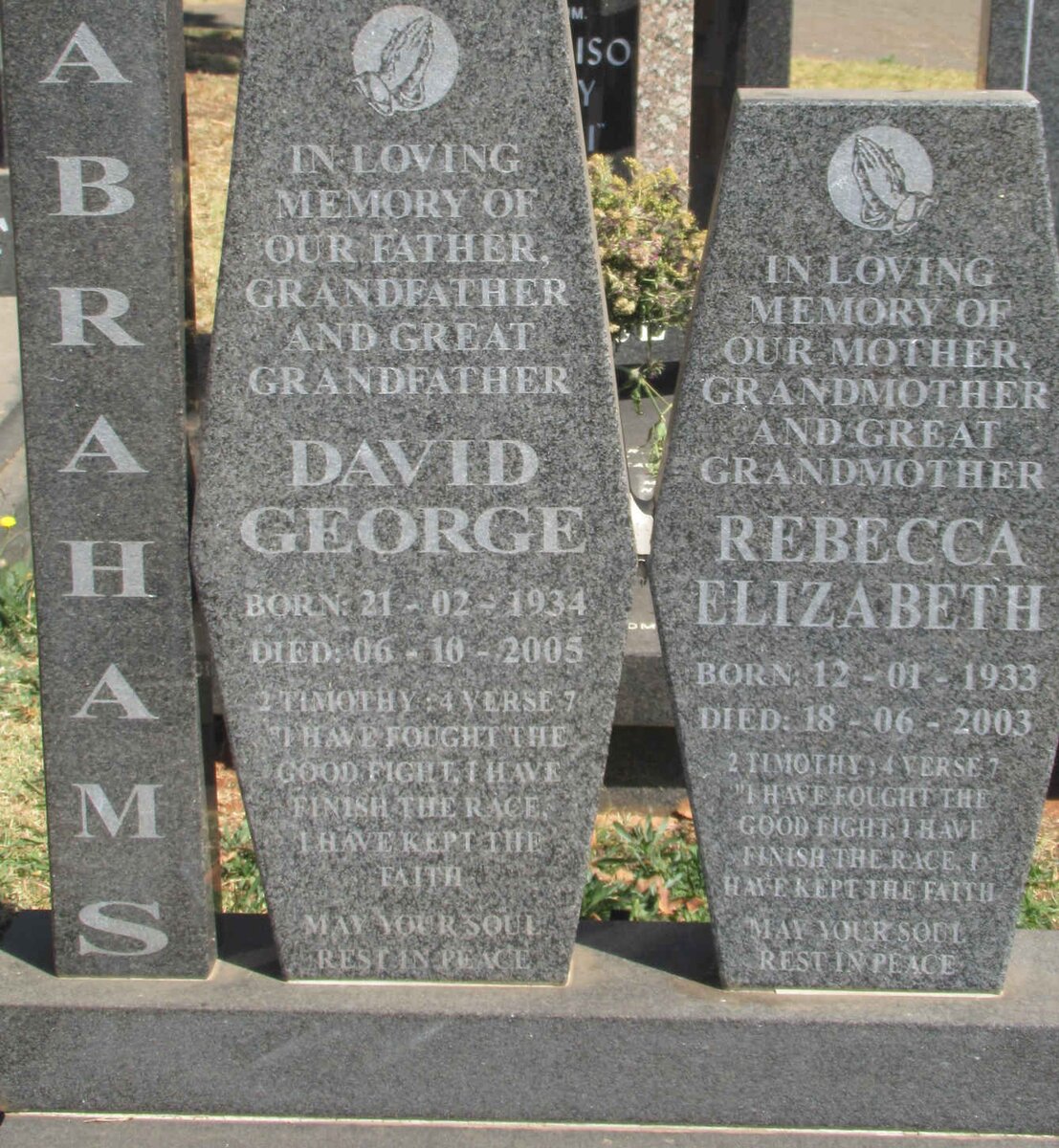 ABRAHAMS David George 1934-2005 &amp; Rebecca Elizabeth 1933-2003