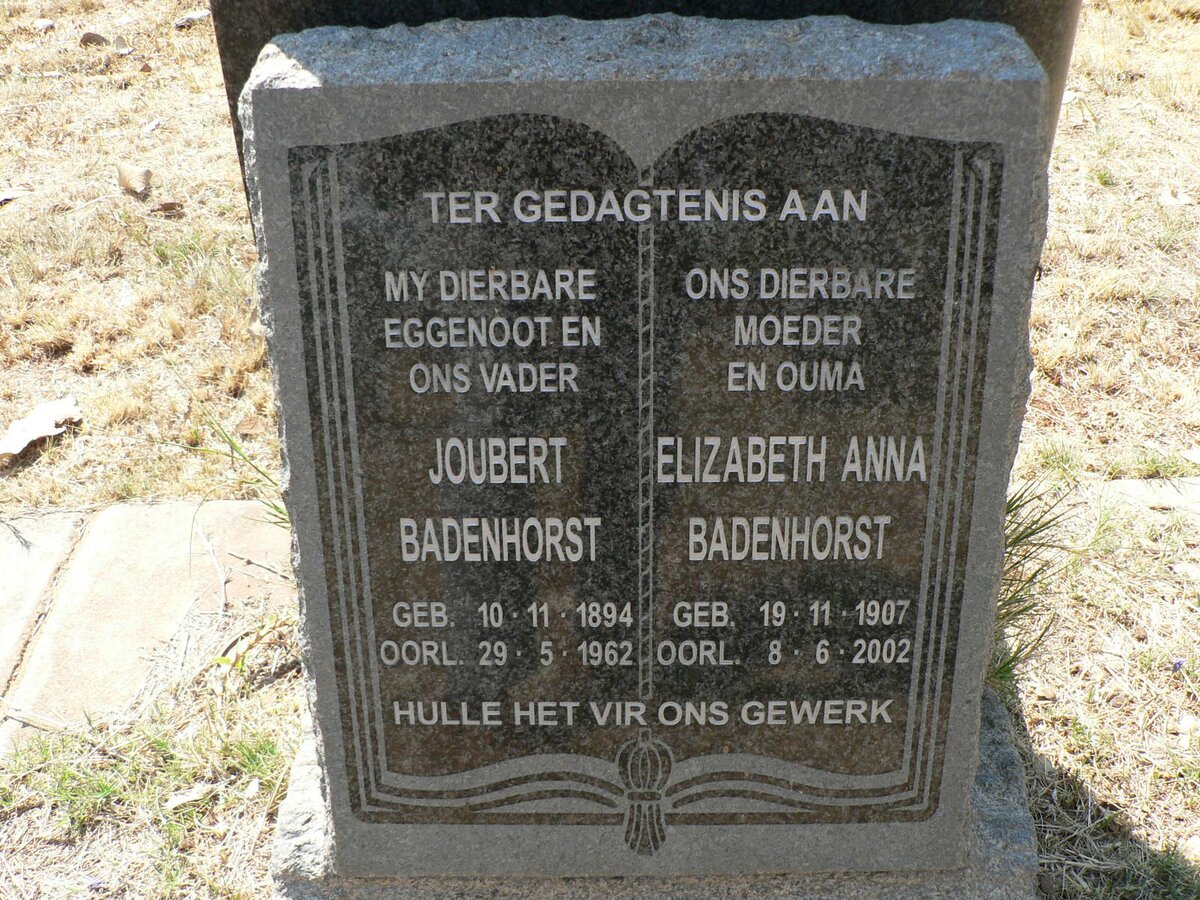 BADENHORST Joubert 1894-1962 &amp; Elizabeth Anna 1907-2002
