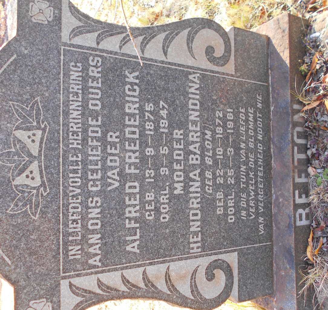 BEETON Alfred Frederick 1875-1947 &amp; Hendrina Barendina BLOM 1872-1961