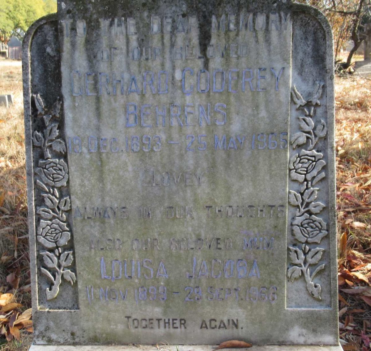 BEHRENS Bernard Godfrey 1893-1965 &amp; Louisa Jacoba 1899-1966