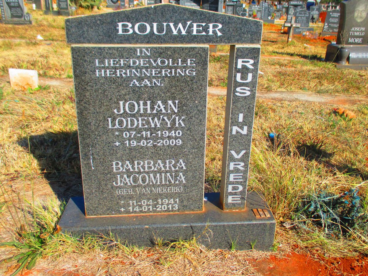 BOUWER Johan Lodewyk 1940-2009 &amp; Barbara Jacomina VAN NIEKERK 1941-2013