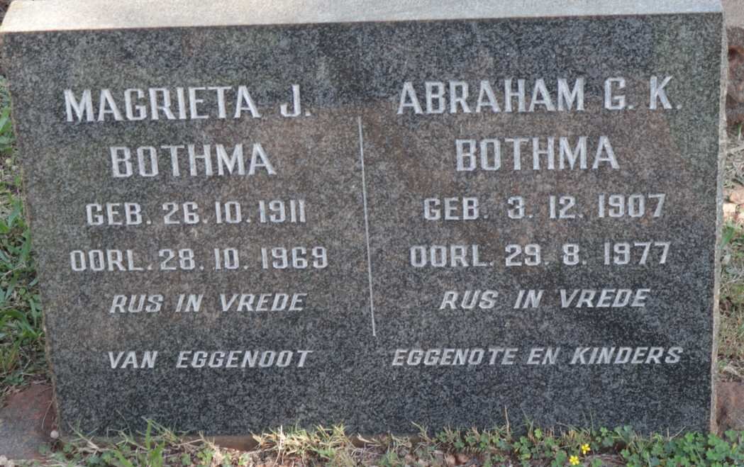BOTHMA Abraham G.K. 1907-1977 &amp; Magrieta J. 1911-1969