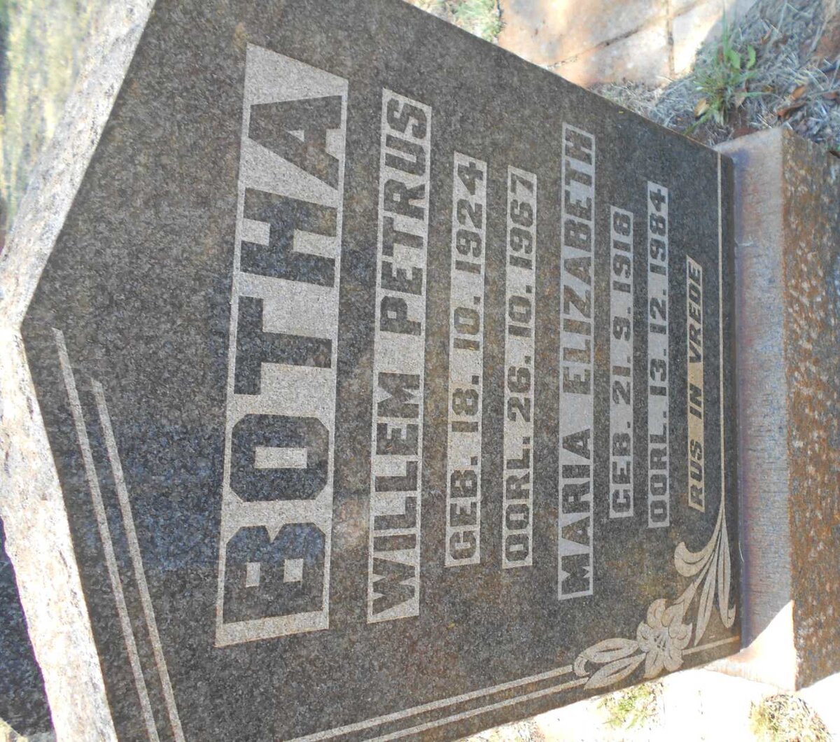 BOTHA Willem Petrus 1924-1967 &amp; Maria Elizabeth 1916-1984