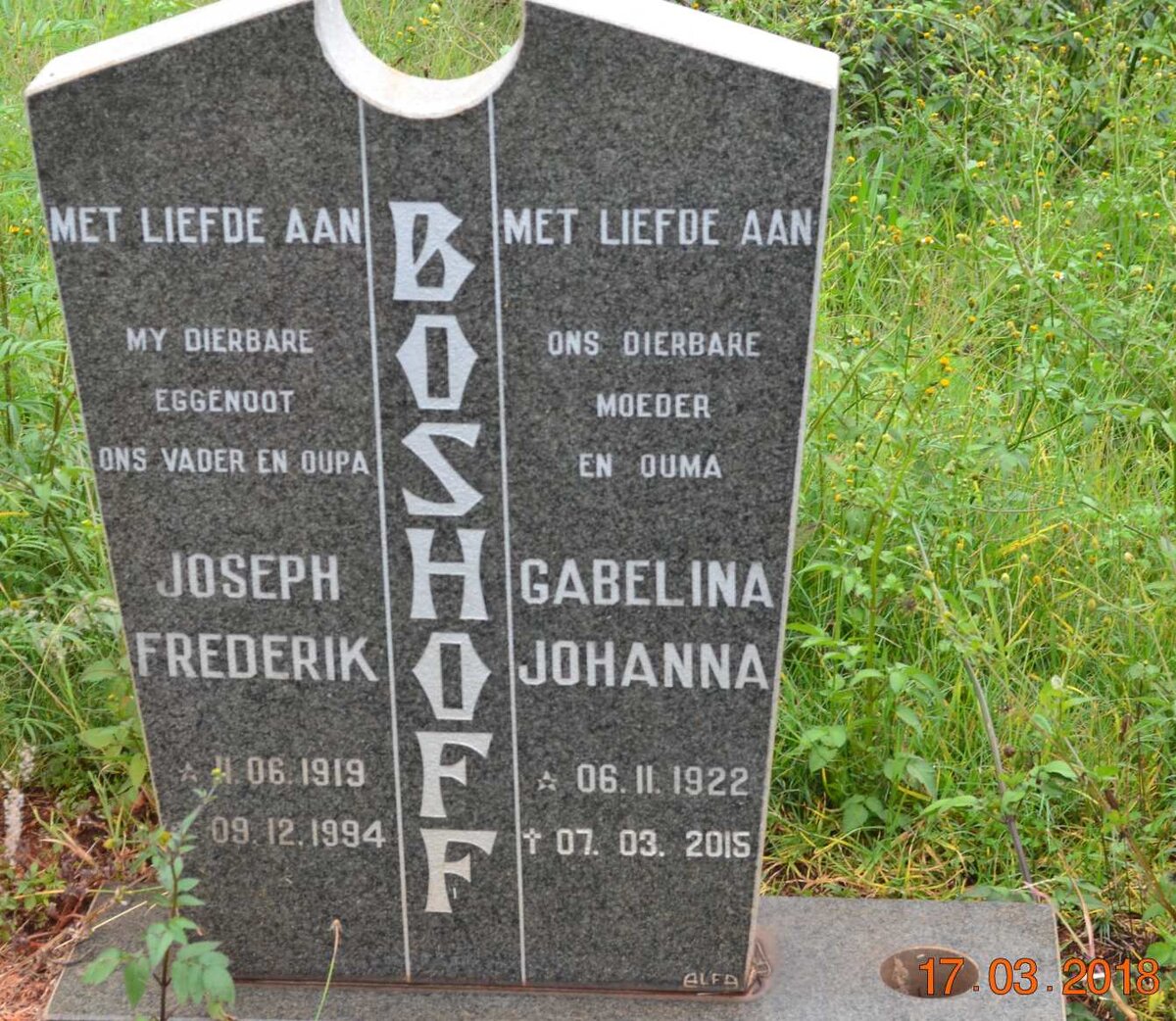 BOSHOFF Josef Frederik 1919-1994 &amp; Gabelina Johanna 1922-2015