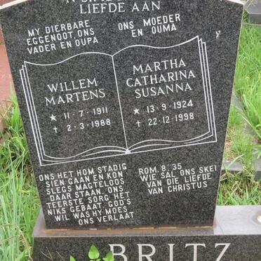 BRITZ Willem Martens 1911-1988 &amp; Martha Catharina Susanna 1924-1998