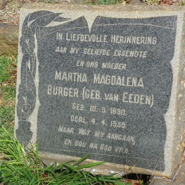 BURGER Martha Magdalena nee VAN EEDEN 1890-1959