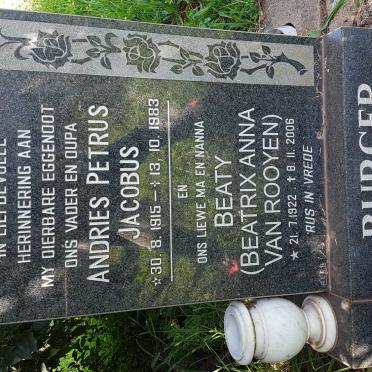 BURGER Andries Petrus Jacobus 1915-1983 &amp; Beatrix Anna VAN ROOYEN 1922-2006