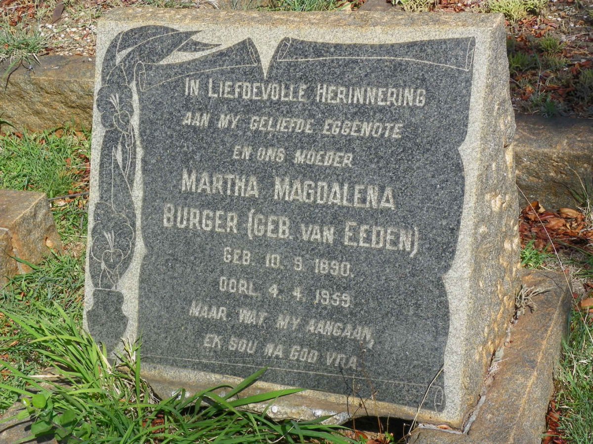 BURGER Martha Magdalena nee VAN EEDEN 1890-1959